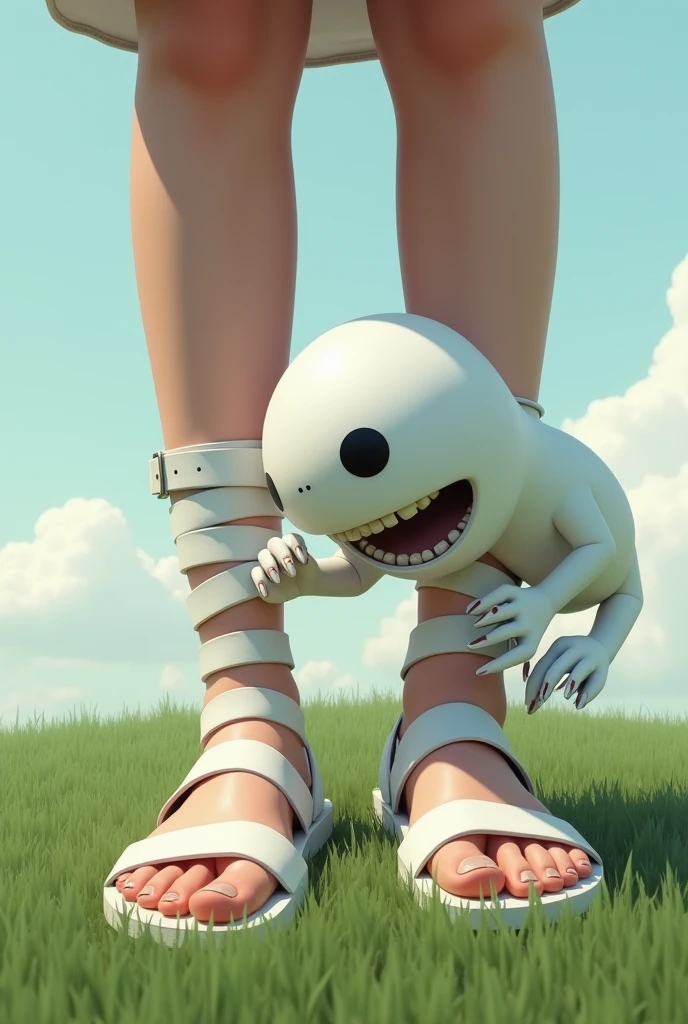 Feet in white open sandals and straps on legs of a white female teenager except for the body and in the grass and sky And a white circle with black eyes and a mouth bites her strap, pulling her