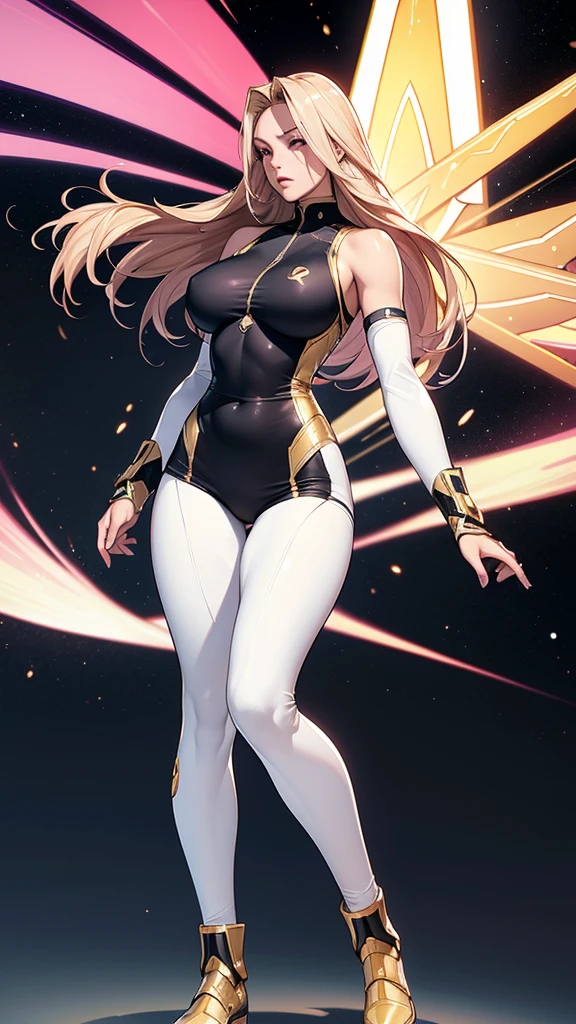 A athletic gorgeous woman, Normal breasts, Solo, White skin, Pink eyes, long blonde hair, wearing a skintight clothing army armor outfit with the colors white, black and gold, style super hero, standing, action pose, space uniform, Uniform tight to the body, no accessories, full body, black legs in the outfit, Sleeveless clothing 
