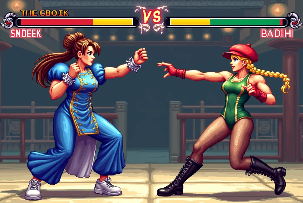 Retro video game, Pixel art, two beautiful women, Chun-Li vs Cammy, Both of fight, (Chun-Li:1.2,brown hair,Bun Hair on both sides of the head,Bun cover,lipstick,makeup,She is wearing a blue china dress,gold trim,Blue cheongsam with side slits,puffy sleeves,short sleeves,side slit,cross-laced footwear,pantyhose,pelvic curtain,spiked bracelet,white footwear).
(Cammy White:1.2,light skin,blue eyes,and long blonde hair styled in two braids,She is wearing a red Beret,green leotard,red fingerless gloves,black combat boots).
BREAK, fighting games screen, Stick butt out and throws a punch, The other one throw a kicks, masterpiece, ultra high resolution, best quality, perfect anatomy, perfect proportions, Accurate limbs, accurate finger, Digital photograph, Ultra-high quality