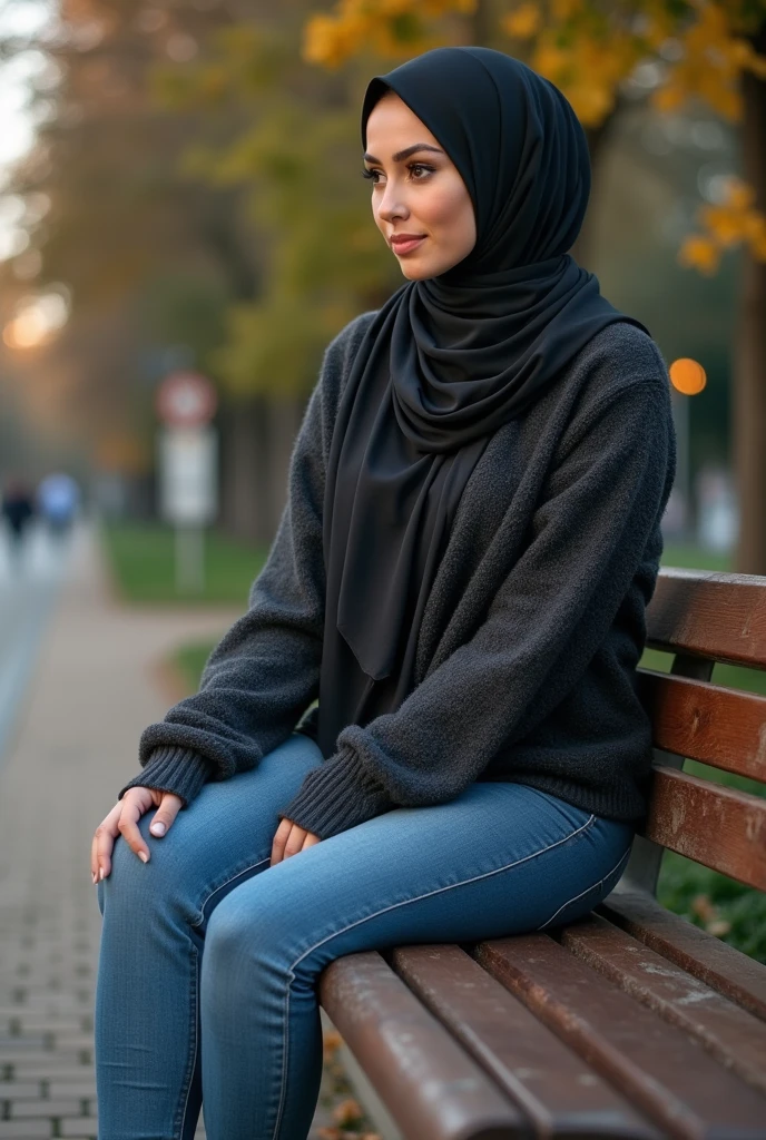 A hijab-clad woman with ???????????, ???? legs, wearing tight jeans and a sweater, is sitting sexily on a bench