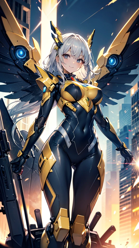 ((((masterpiece, best quality, high resolution)))), Extremely detailed 8K, Beautiful girl with slender body, (Ultra HD, Ultra-detailed, Highly detailed, Highly realistic, Ultra-realistic, photograph realistic), (1girl:1.5), realistic white hair, short wavy hair, bob cut, purple eyes, (large breasts: 1.2), cleavage, mecha musume, (white full body suit), glowing parts, light particles, light energy, mechanical wings, mechanical thrusters, mecha headgear, cyber effect, cyber space, (dynamic pose), cowboy shot