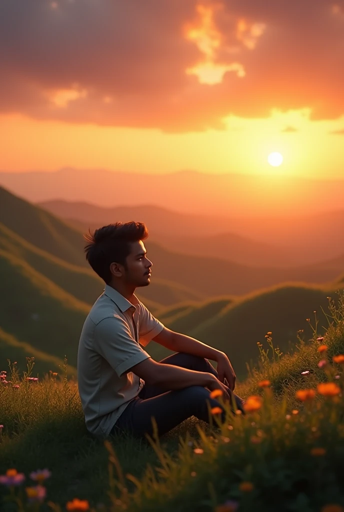 A indian teen boy sitting at hilly area in the sunset we are facing towards sun in shirt