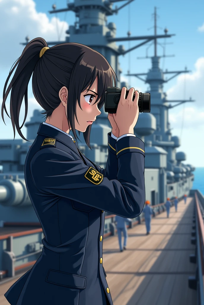 Japanese very beautiful with cute girl, On a battleship, using a rangefinder to measure the distance to the enemy ship, fully equipped for battle, at the battle field, nervous, shoot from side