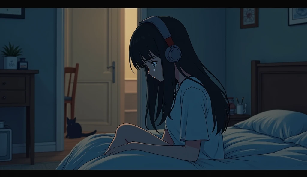 8k、night、dim、high school girl、Mature、long hair、sweat、Using headphones、bed、Cat、 2D-style animation, Lo-Fi、Retro、Anime style illustrations