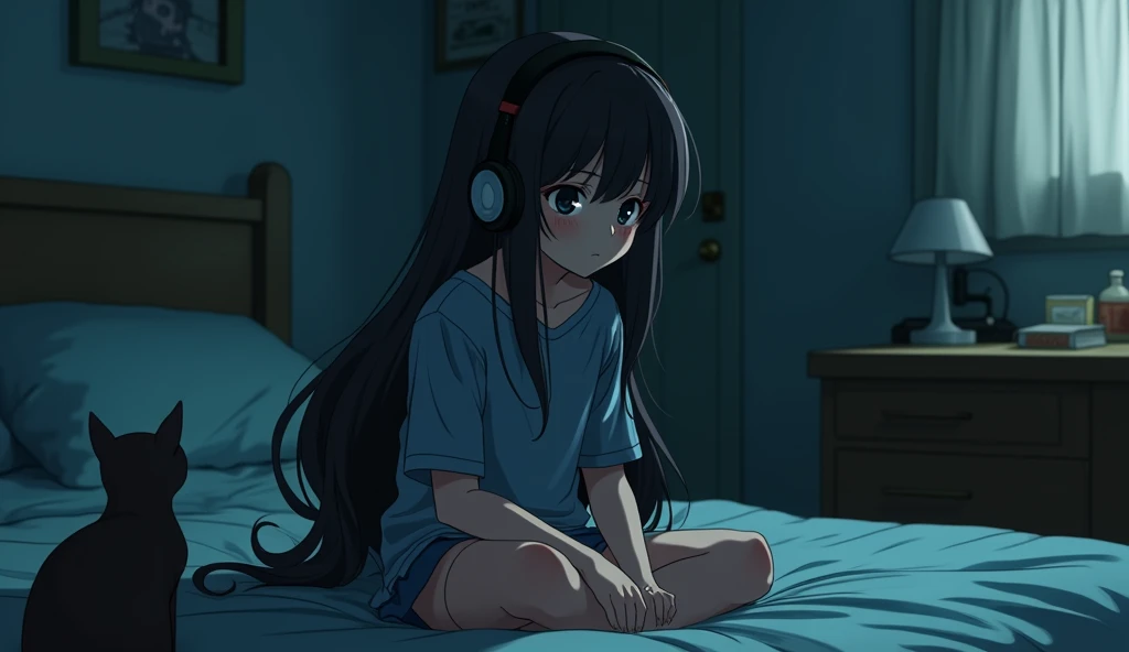 8k、night、dim、high school girl、Mature、long hair、sweat、Using headphones、bed、Cat、 2D-style animation, Lo-Fi、Retro、Anime style illustrations