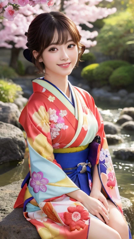 (8k, RAW Photos, Highest quality:1.2), (reality, reality的:1.4), (非常に詳細な8kwallpaper)、Sharp focus, Cinema Lighting, Beautiful eyes in every detail, Asymmetrical bangs, Glowing Skin, Highly detailed skin ,High resolution, Attention to detail, Detailed hairstyle, Ultra detailed face, Detailed lips, Hyper Real, Perfect limbs, Perfect Anatomy ,1 Japanese girl,Famous idols of Japan, Perfect female body,smile,short eyelashes,double eyelid、Look straight here,, whole body ,Tabletop、wallpaper、reality的、Bright lighting、Professional Lighting、Face Light Smooth Lighting、Beautiful woman、action、gravure、Sexy、so beautiful、Beautiful Skin、slim、((short hair))、((Brunette Hair))、Brown eyes、Looking into the camera、Small Bust、Pretty face,, smile, Hot spring background for hot spring inn, 超High resolution, Backlight, Top-down angle、Accurate 5 fingers, software , Bony body, Messy Hair,(High-quality yukata in vibrant colors:1.3), (Gorgeous embroidered kimono:1.3)、（You can see the torii gate.）、（Sitting on a rock in the garden）、Pull out
