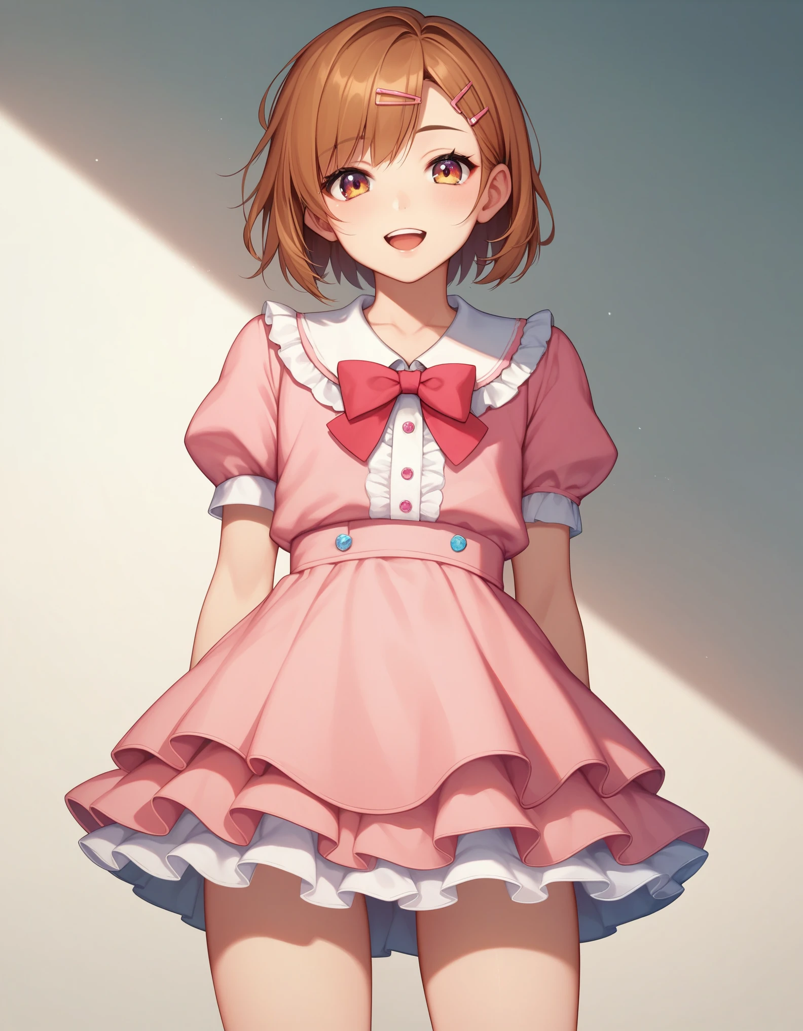 (masterpiece:1.2), best quality, highres, original, (extremely detailed:1.2), ultra-detailed, wallpaper, perfect lighting,(extremely detailed CG:1.2), 8k, anime illustration, HD, cute, kawaii, 1boy, crossdressing, solo, tomgirl, (brown hair, hairclip:1.1), (Lolita Fashion, short sleeves, pink dress, mini dress, delicate dress, ruffles hemline, ribbon on dress, flat chest, breastless:1.2), thighs, standing, back-angle, view of back, outdoor, sunny