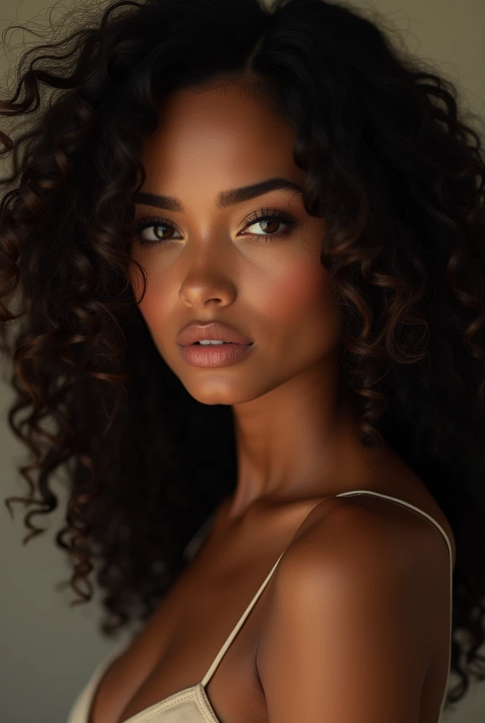Woman with olive brown skin color, curled hair, olhos amendoados