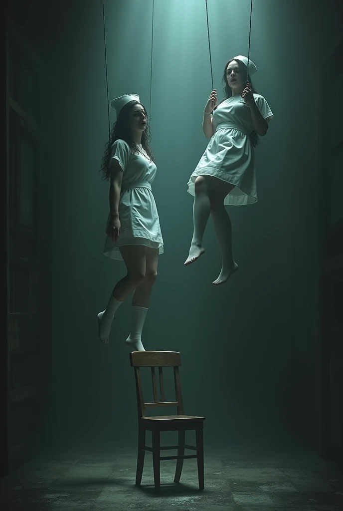 Scene of two female nurses in white thigh high stockings, hanged, thòng lọng, hovering in the air , The chair fell at the nurse&#39;s feet. 