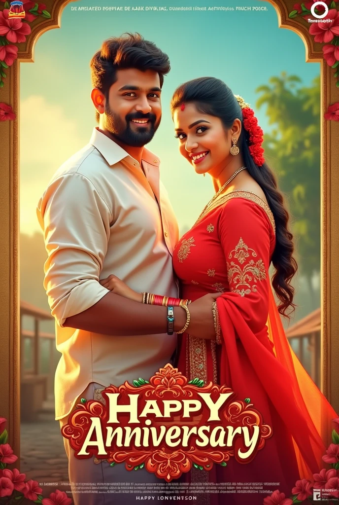 Telugu movie poster. Movie name  ' Happy Anniversary '. Love.Both looking camera.