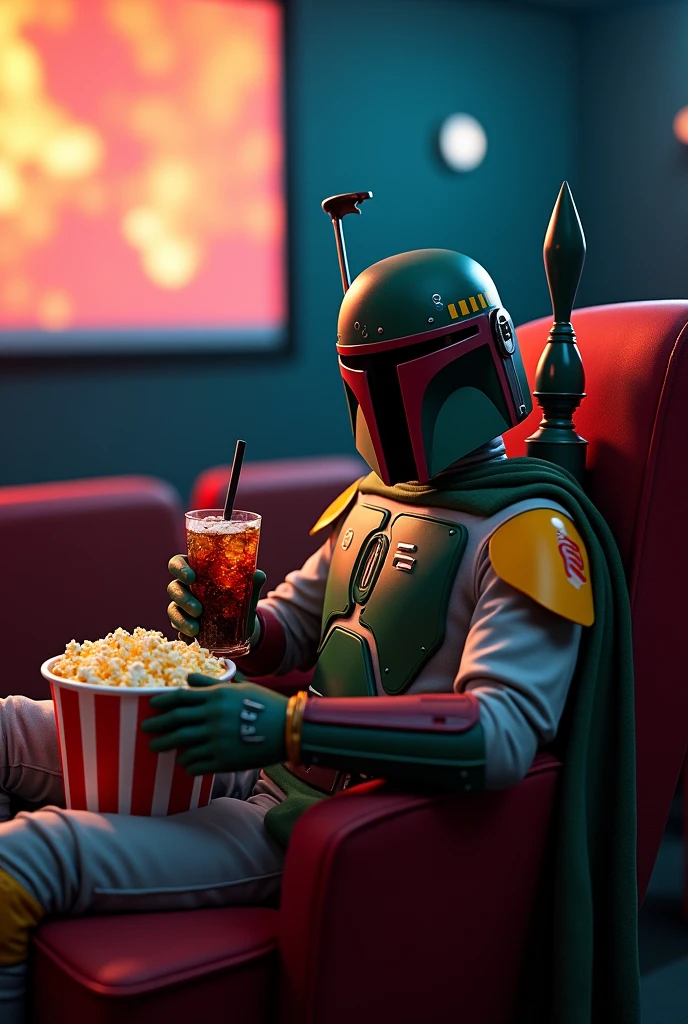 ポップコーンとコークを持ってmovieを見るボバフェット、Star Wars、movie、Mandaean、