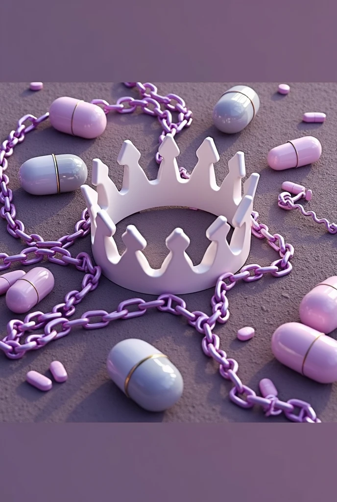 Purple chain thrown on a road, uma coroa branca e dourada flutuando  centralizada sobre as chains, medicines thrown on the road, shades of purple, chains,