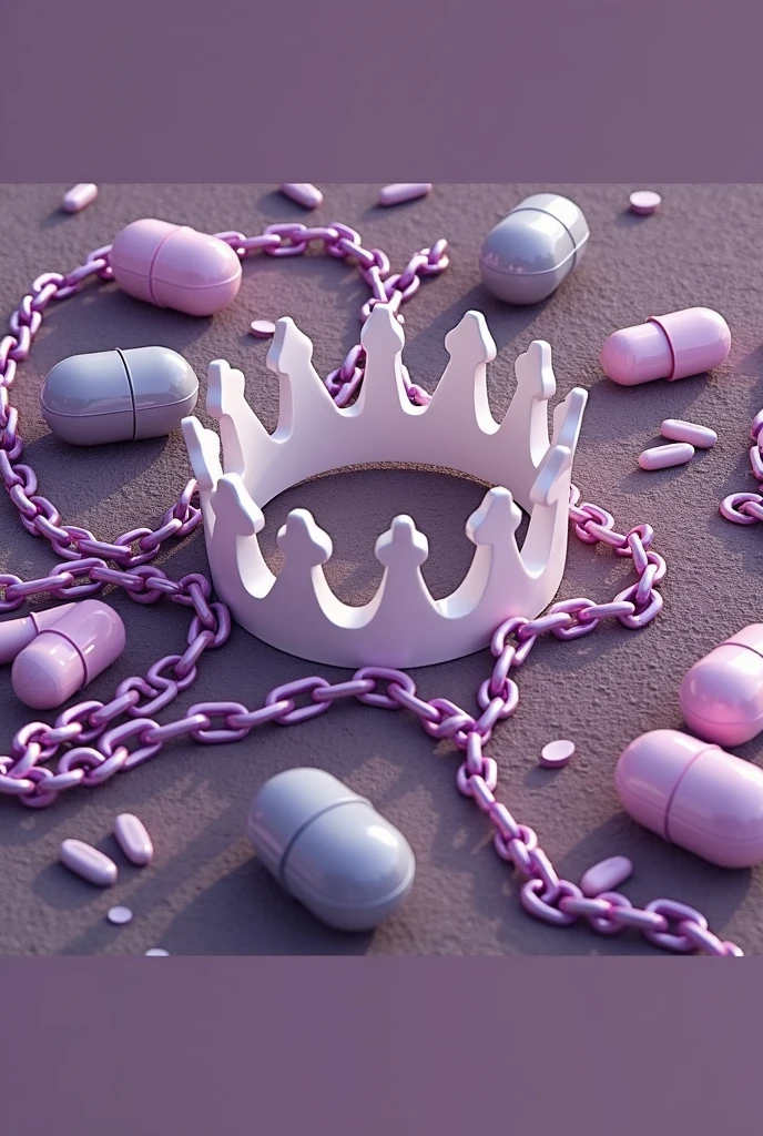 Purple chain thrown on a road, uma coroa branca e dourada flutuando centralizada sobre as chains, medicines thrown on the road, shades of purple, chains,
