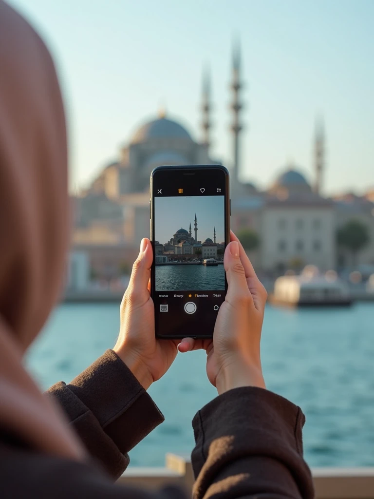 a hijabi girl taking his hands photo while she have i phone on his hand in istanbul famuse plases. Show only her hand and writ this same msg "HBD Zolo'em 🥳" with black bakround on her mobile screan show this same msg   Realistik 4k.