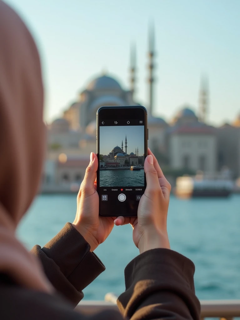 a hijabi girl taking his hands photo while she have i phone on his hand in istanbul famuse plases. Show only her hand and writ this same msg "HBD Zolo'em 🥳" with black bakround on her mobile screan show this same msg Realistik 4k.
