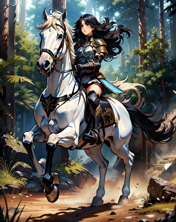 ((best quality)), ((anime masterpiece)), (high detailed), 8k, cinematic lighting, realistic, HDR, vivid color, a female knight riding a BROWN HORSE, long hair, {black hair}, (white armor, black gauntlet, black miniskirt, black boots), forest, anatomically correct
