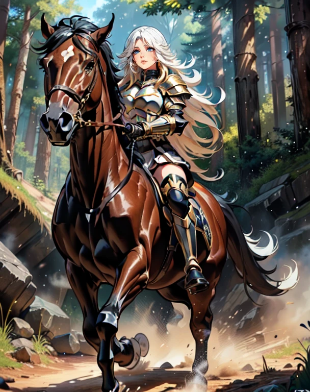 ((best quality)), ((anime masterpiece)), (high detailed), 8k, cinematic lighting, realistic, HDR, vivid color, a female knight riding a BROWN HORSE, long hair, {black hair}, (white armor, black gauntlet, black miniskirt, black boots), forest, anatomically correct
