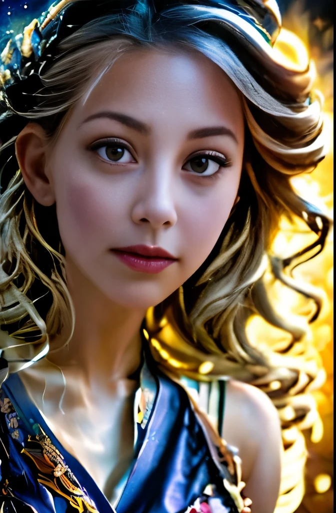 High detail, super detail, super high resolution, girl enjoying her time in the dream galaxy, surrounded by stars, warm light sprinkled on her, background is starry sky with colorful galaxies and galaxy clouds, stars flying around her, delicate face, adding playful atmosphere ,