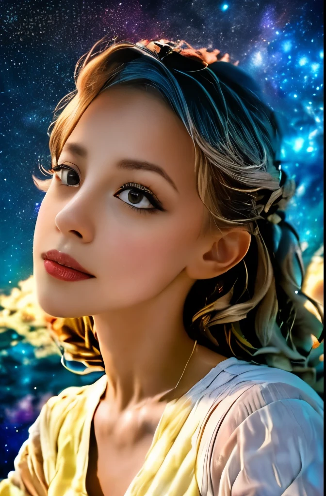 High detail, super detail, super high resolution, girl enjoying her time in the dream galaxy, surrounded by stars, warm light sprinkled on her, background is starry sky with colorful galaxies and galaxy clouds, stars flying around her, delicate face, adding playful atmosphere ,