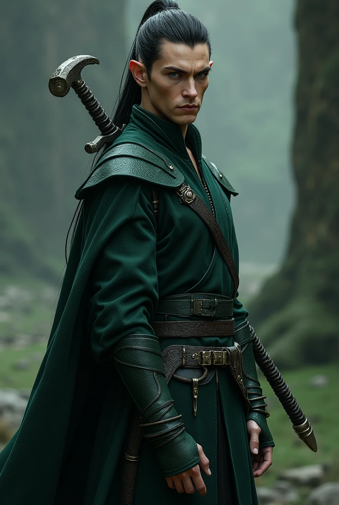 Black haired male elf, slender face, high cheek bones, haughty expression with piercing blue eyes. Hair braided into a shoulder length ponytail with small silver pins decorating its length. Standing, looking at viewer, dressed in long, dark green robes. Holding a curving scimitar by the hilt in one hand - the blade of which rests on his shoulder.