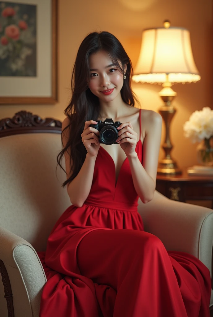 A beautiful girl siting on a sofa and her room is very beautiful and she is taking her photos and she is wearing a red long beautiful dress with match red heals and the girl is very happy and her hears are open and silky and beautiful