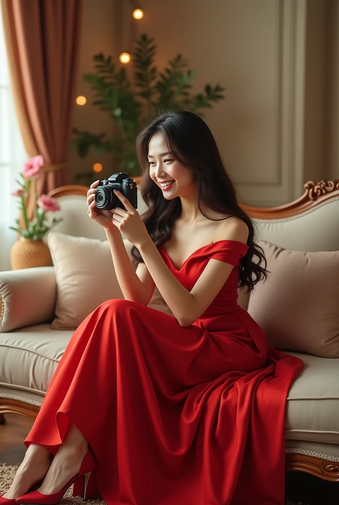 A beautiful girl siting on a sofa and her room is very beautiful and she is taking her photos and she is wearing a red long beautiful dress with match red heals and the girl is very happy and her hears are open and silky and beautiful