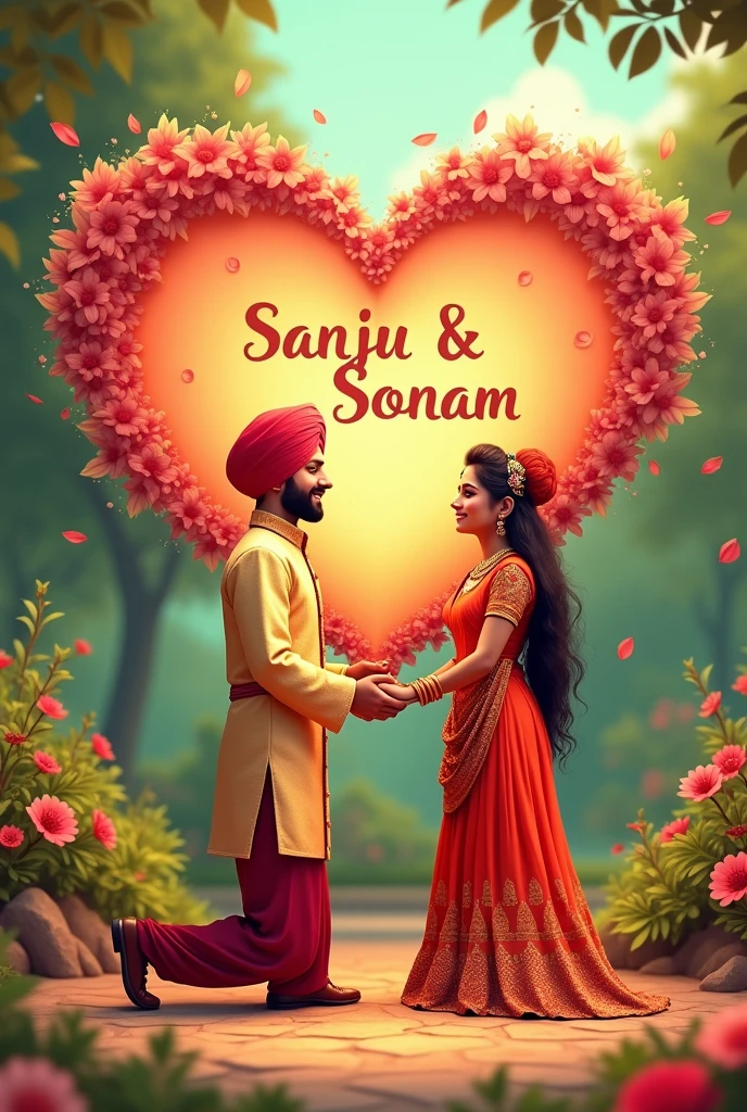 Punjabi couple, propose to girl ,and back side big heart shape in that name of "संजू" and "सोनम"