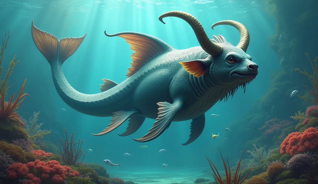 There is a creature underwater，The body of a fish，Bull&#39;s head and snake&#39;s tail，Wings growing from the ribs（best quality，4K，8k，High level，masterpiece：1.2），Ultra Detailed，（lifelike，Photo real，Photo real：1.37）