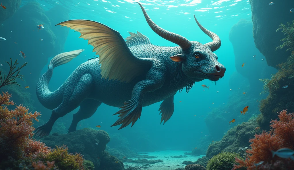 There is a creature underwater,The body of a fish,Bull's head and snake's tail,Wings growing from the ribs(best quality,4K,8k,High level,masterpiece:1.2),Ultra Detailed,(lifelike,Photo real,Photo real:1.37)