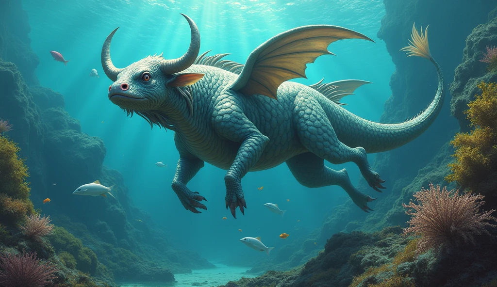 There is a creature underwater,The body of a fish,Bull's head and snake's tail,Wings growing from the ribs(best quality,4K,8k,High level,masterpiece:1.2),Ultra Detailed,(lifelike,Photo real,Photo real:1.37)