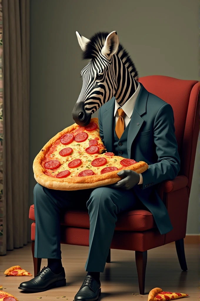 Zebra in a coat pant sitting on a chair end eating large pizza and leaves
