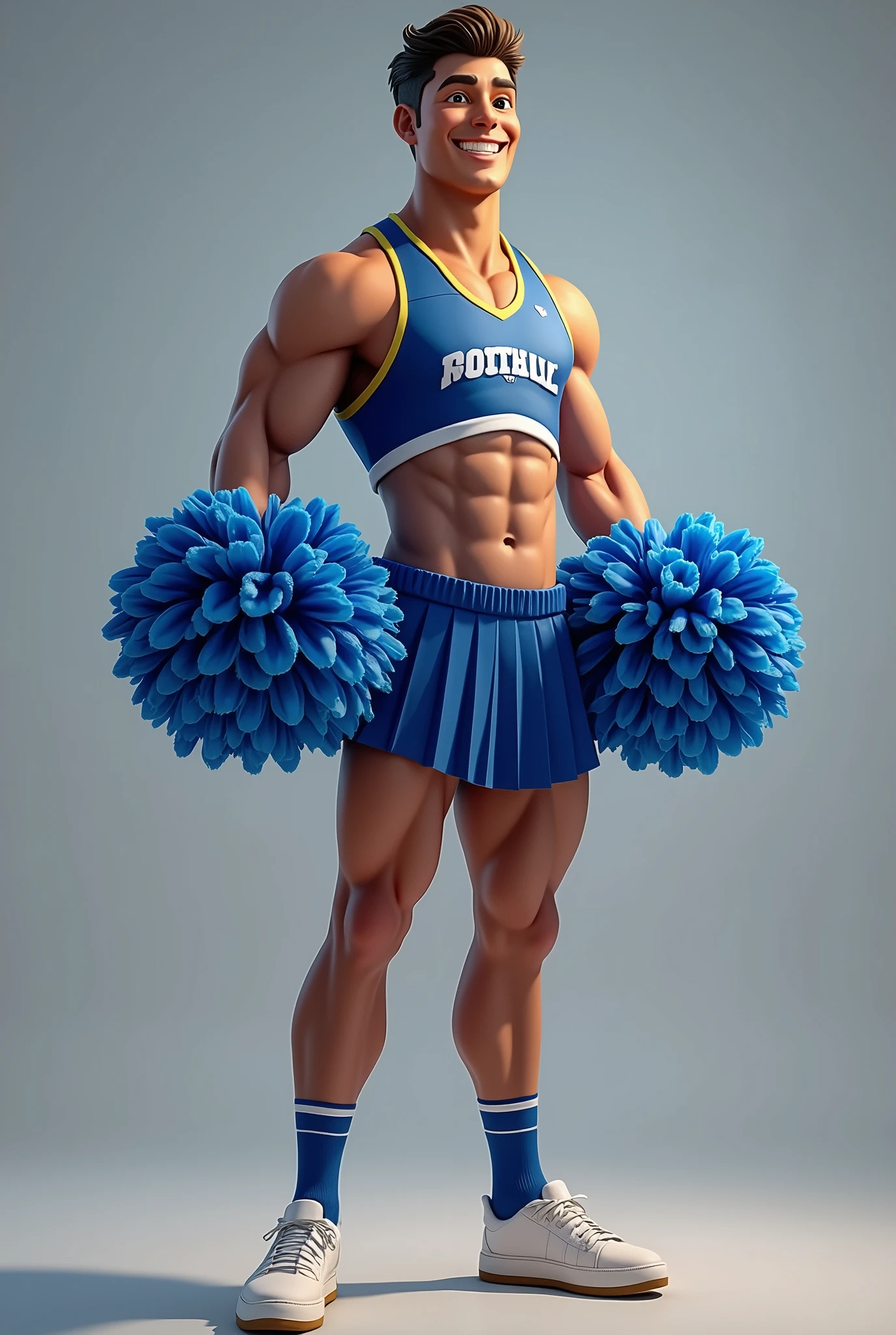 A cheerful cheerleader, holding pom-poms in hand, sporting a blue skirt and confidently posing with a hand on the hip. The scene portrays a male figure in a realistic style, exuding a bright smile and a focused demeanor.