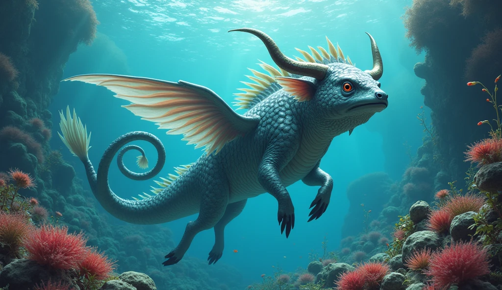 There is a creature underwater,The body of a fish,Bull's head and snake's tail,Wings growing from the ribs(best quality,4K,8k,High level,masterpiece:1.2),Ultra Detailed,(lifelike,Photo real,Photo real:1.37)