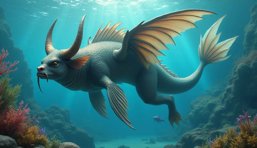There is a creature underwater,The body of a fish,Bull's head and snake's tail,Wings growing from the ribs(best quality,4K,8k,High level,masterpiece:1.2),Ultra Detailed,(lifelike,Photo real,Photo real:1.37)