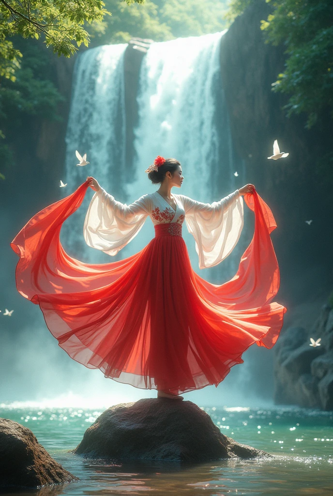 Photoshot of a beautiful woman wearing a very beautiful red and white hisan long fabric dress and dancing on a rock under a waterfall while playing with a long fabric and wearing a red and white hat and accompanied by birds" very beautiful and beautiful fly