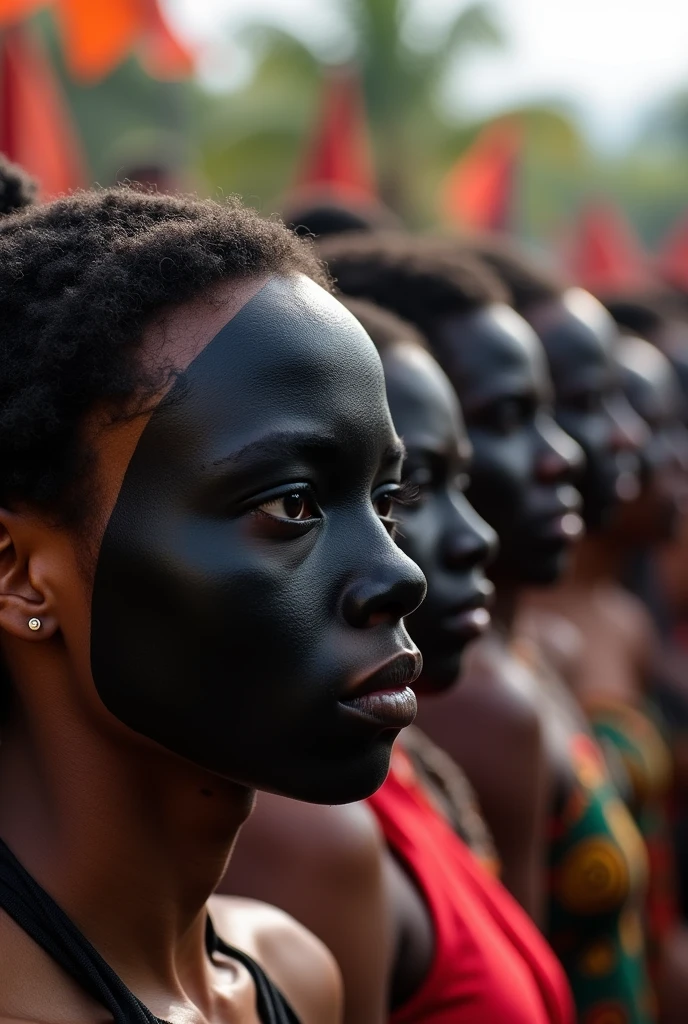Many people put black paint on their faces. Everyone is looking ahead. And they are celebrating a festival. And they are standing in a row and all their faces can be seen।