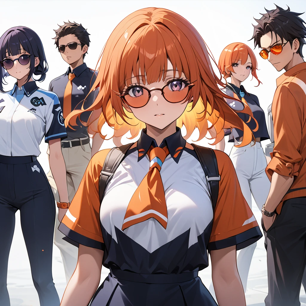 ((Highest quality)), ((masterpiece)), (detailed), (Perfect Face)、The woman is Reika Aoki, a member of the Flare Gang, with semi-long hair.、The woman is a Team Flare underling, wearing a Team Flare underling outfit, a Team Flare hairstyle, and Team Flare tinted sunglasses.