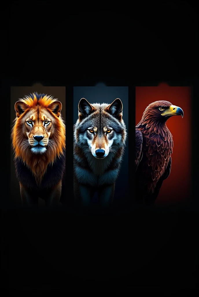 Make the wallpaper of three animals in one frame of lion ,wolf and eagle.the animal image with their quality lion in discipline wolf in exicutive and egale in focus in with their black background 