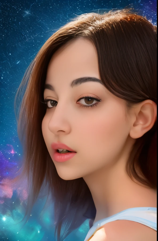 High detail, super detail, super high resolution, girl enjoying her time in the dream galaxy, surrounded by stars, warm light sprinkled on her, background is starry sky with colorful galaxies and galaxy clouds, stars flying around her, delicate face, adding playful atmosphere ,