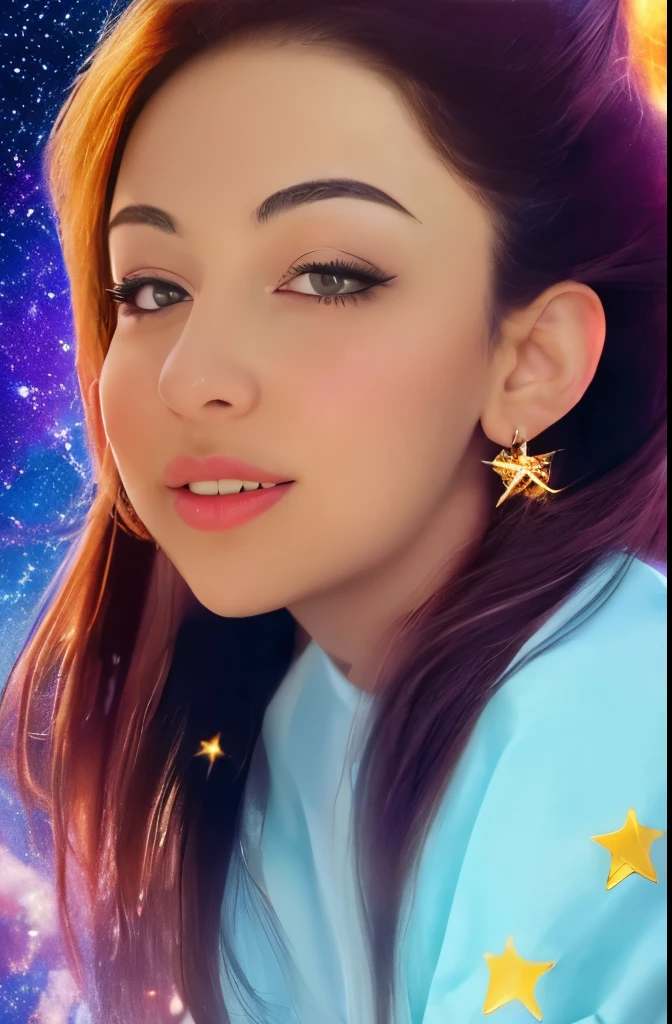 High detail, super detail, super high resolution, girl enjoying her time in the dream galaxy, surrounded by stars, warm light sprinkled on her, background is starry sky with colorful galaxies and galaxy clouds, stars flying around her, delicate face, adding playful atmosphere ,