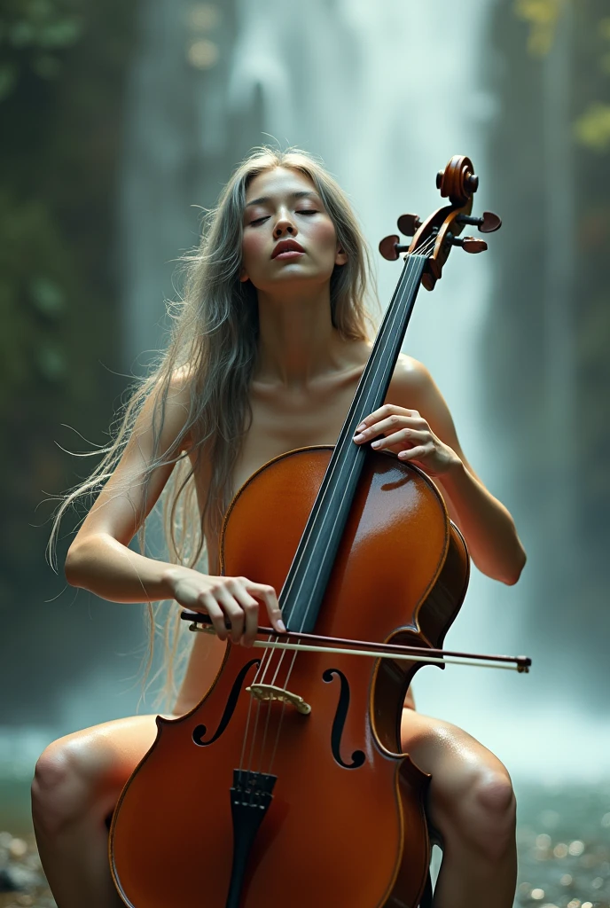 Hasselblad F1.8 Wide Angle Lens, Pink Tone Shot, Soft Blur Filter, Glitter, Sparkles All Over, Soft Pastel Tones, Full Nude, Soaking, Cute and Sexy Asian Woman, Very Long Gray Hair, Beautiful Big Breasts, Shiny Glowing Skin, Her Body Has A Lime Light, She Moans, She Sits On A Chair And Plays The Cello Under The Sunlight, The Cello Covers Her Full Nude Body, Her Hair Is Wet And Swaying, Blurred Multi-Layer Waterfall Nature Background.