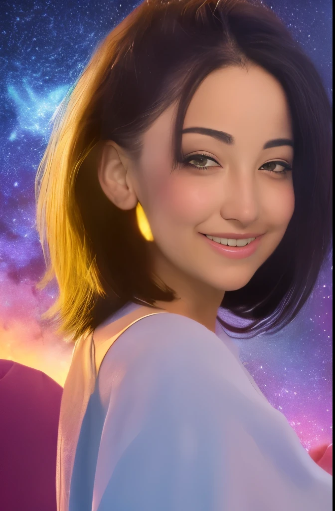 High detail, super detail, super high resolution, girl enjoying her time in the dream galaxy, surrounded by stars, warm light sprinkled on her, background is starry sky with colorful galaxies and galaxy clouds, stars flying around her, delicate face, adding playful atmosphere ,