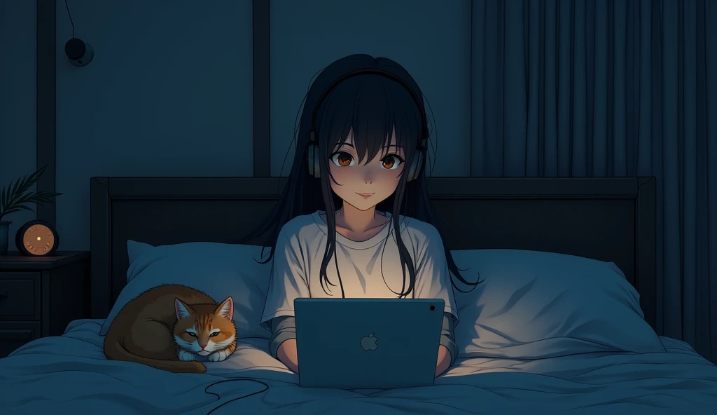 8k、night、dim、Female college student、Mature、long hair、sweat、Using headphones、bed、Cat、 2D-style animation, Lo-Fi、Retro、Anime style illustrations