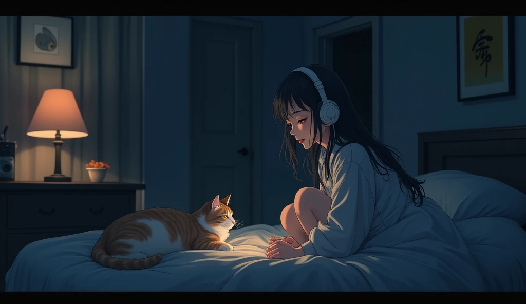 8k、night、dim、Female college student、Mature、long hair、sweat、Using headphones、bed、Cat、 2D-style animation, Lo-Fi、Retro、Anime style illustrations