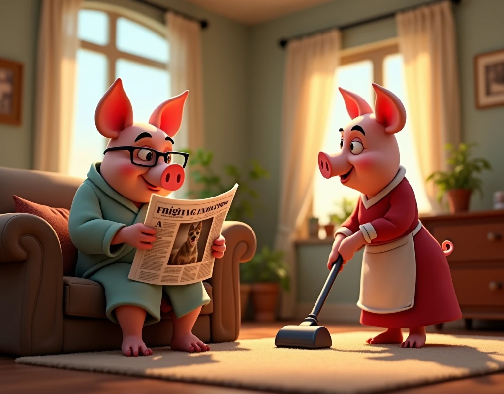 official art, unity 8k wallpaper, ultra detailed, beautiful and aesthetic, masterpiece, best quality, pixar style, 2 pigs, 1 cute father pig is on the left wearing glasses and house robe is sitting on the couch reading newspaper looking relaxed. On the newspaper there is a photo of a big bad wolf and the headline reads "BAD WOLF SPOTTED". On the right is 1 cute mother pig wearing glasses and long red dress and black apron is using the vacuum cleaner to clean the carpet, both are smiling and looking to the right, game button art, Game illustration, lovely digital painting, artstation for kids art, Official artwork, key art, mobile game art, cover game art, zootopia concept art, (soft lighting:1.3), (green and earthy color scheme:1.3), (highly detailed), (ultra quality:1.3), (masterpiece), (digital art), 8K resolution, HDR, depth of field, (soft shadows), (photorealistic:1.3), (animation:1.2), (by Greg Rutkowski:0.9), (in the style of Alphonse Mucha), trending on ArtStation, award-winning art