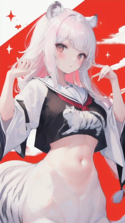 (best quality, masterpiece), 1 girl, centaur, I beg, White skin, Japanese schoolgirl,daughter,black pink, exposing the abdomen, belly button t-shirt , beautiful girl perfect, White tiger photo, 완벽한 White tiger photo