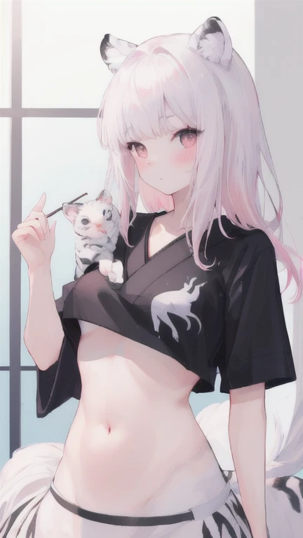 (best quality, masterpiece), 1 girl, centaur, It takes, White skin, Korean ,daughter, black pink,Smiling, exposing the abdomen, belly button t-shirt , 아름다운 소녀 perfect white tiger photo, perfect white tiger photo
