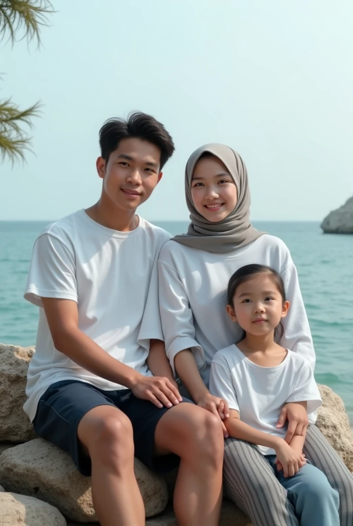 Portrait of young Indonesian man 18 years old wearing white t-shirt and young Indonesian woman 1 wearing white t-shirt and hijab and man wearing white t-shirt and girl wearing white t-shirt and hijab sitting on rocks by the sea