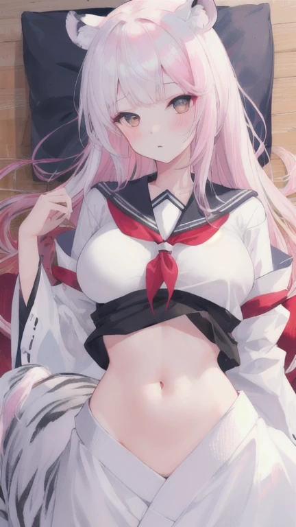 (best quality, masterpiece), 1 girl, centaur, I beg, White skin, Japanese schoolgirl,daughter,black pink, exposing the abdomen, belly button t-shirt , beautiful girl perfect, White tiger photo, 완벽한 White tiger photo