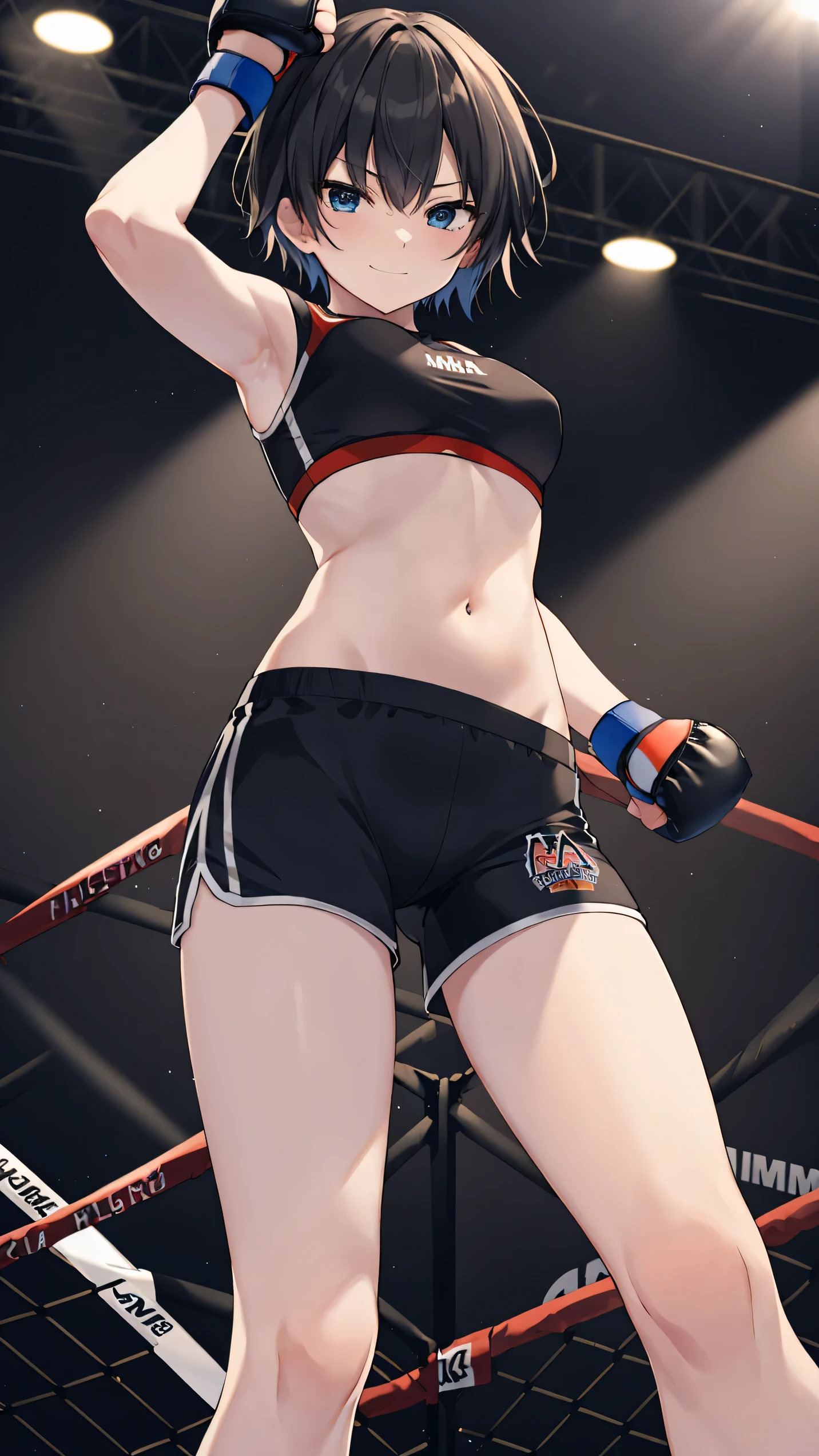 nanasaki, nanasaki ai, ai nanasaki, ((top-quality,8K,Masterpiece)), Full body shot, Toned stomach, (on MMA Arena :1.5), (wearing MMA uniform:1.5, tight tops and tight shorts:1.3), thigh, belly button, smirking, Sharp focus: 1.2, Highly detailed face, Highly detailed eye, Professional Lighting,From below,on front,